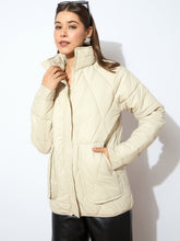 Beige High Neck Diamond Quilt Puffer Jacket-SASSAFRAS