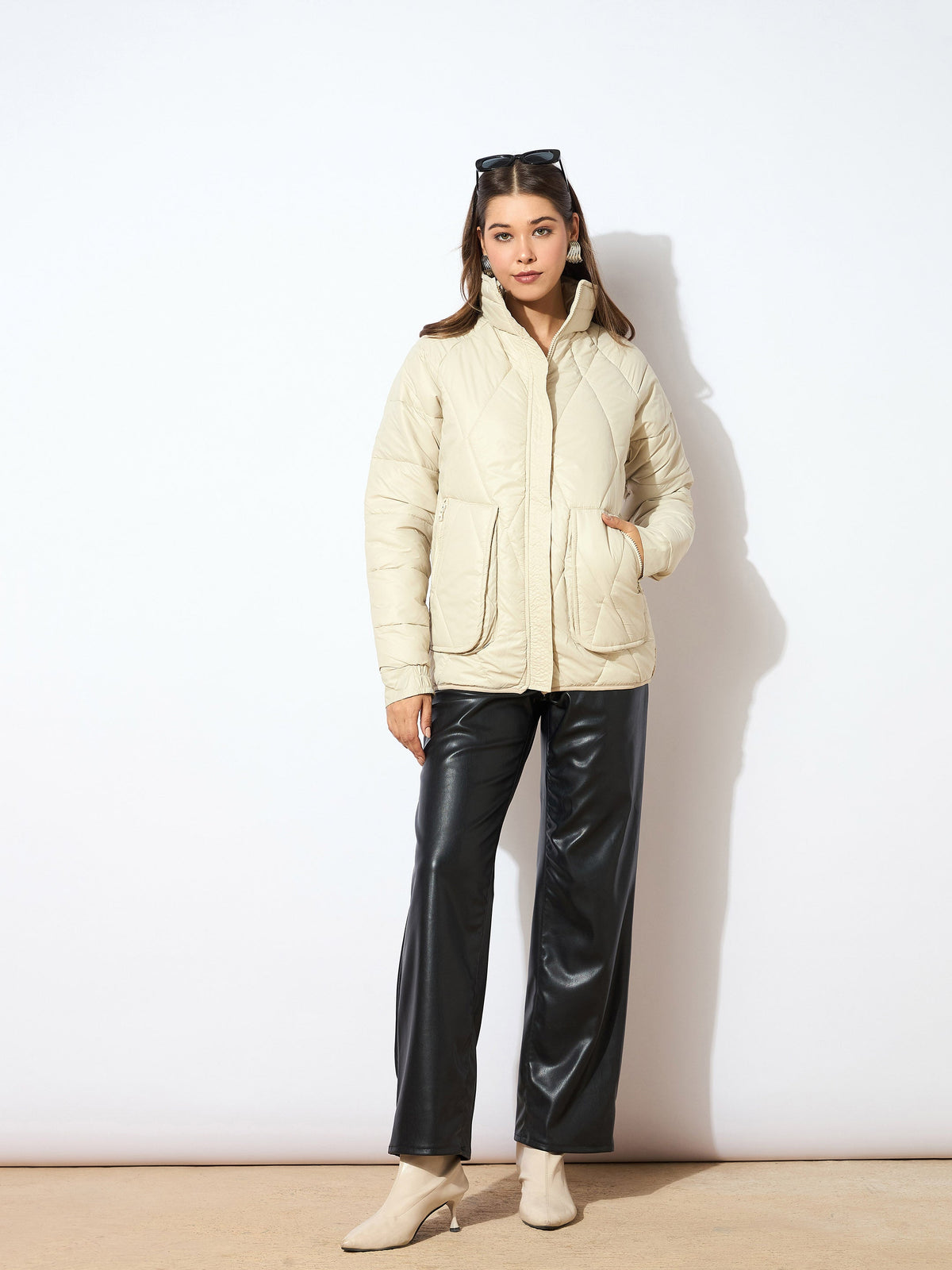 Beige High Neck Diamond Quilt Puffer Jacket-SASSAFRAS