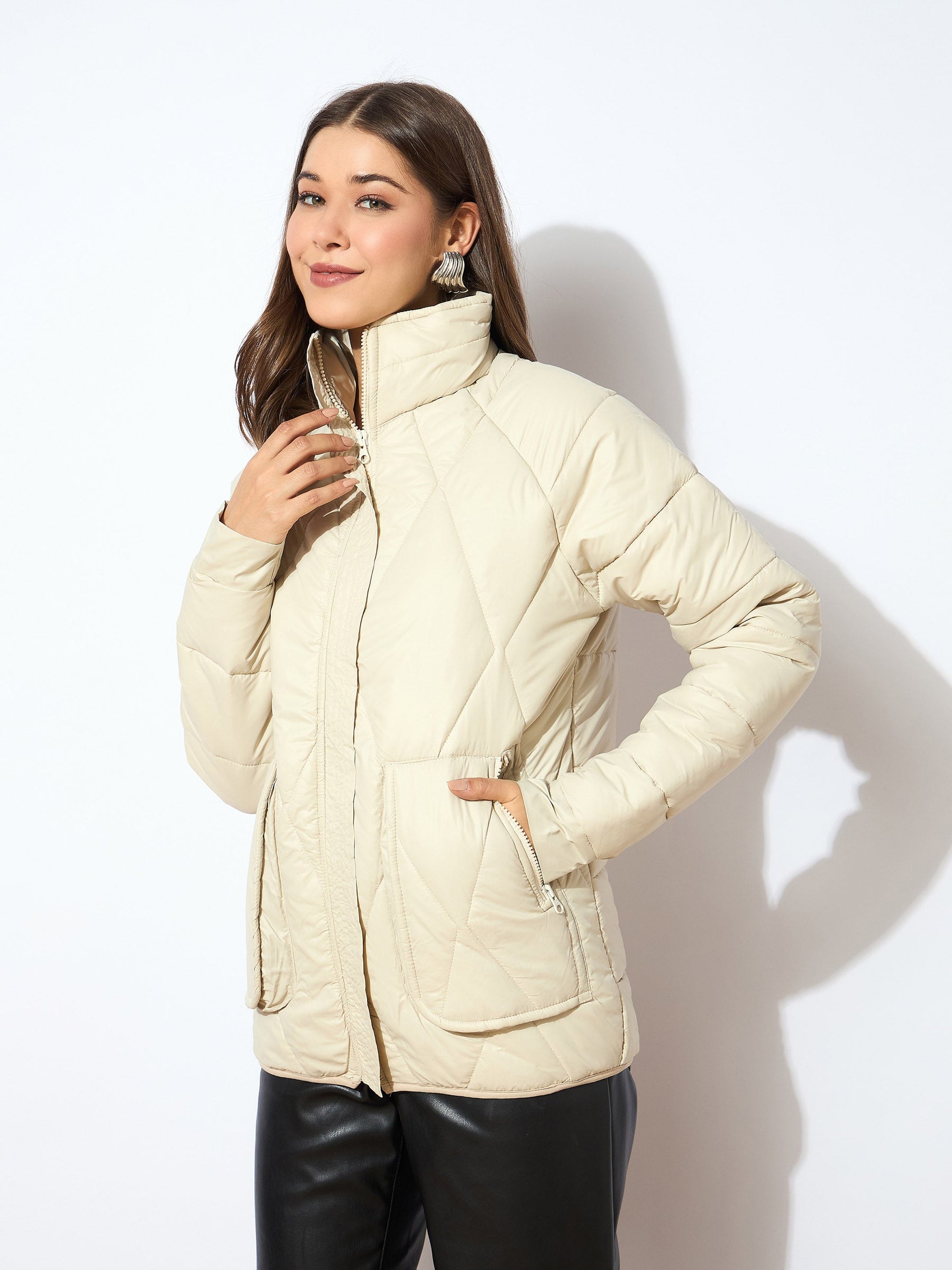 Beige High Neck Diamond Quilt Puffer Jacket-SASSAFRAS