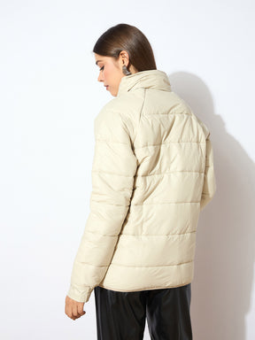 Beige High Neck Diamond Quilt Puffer Jacket-SASSAFRAS