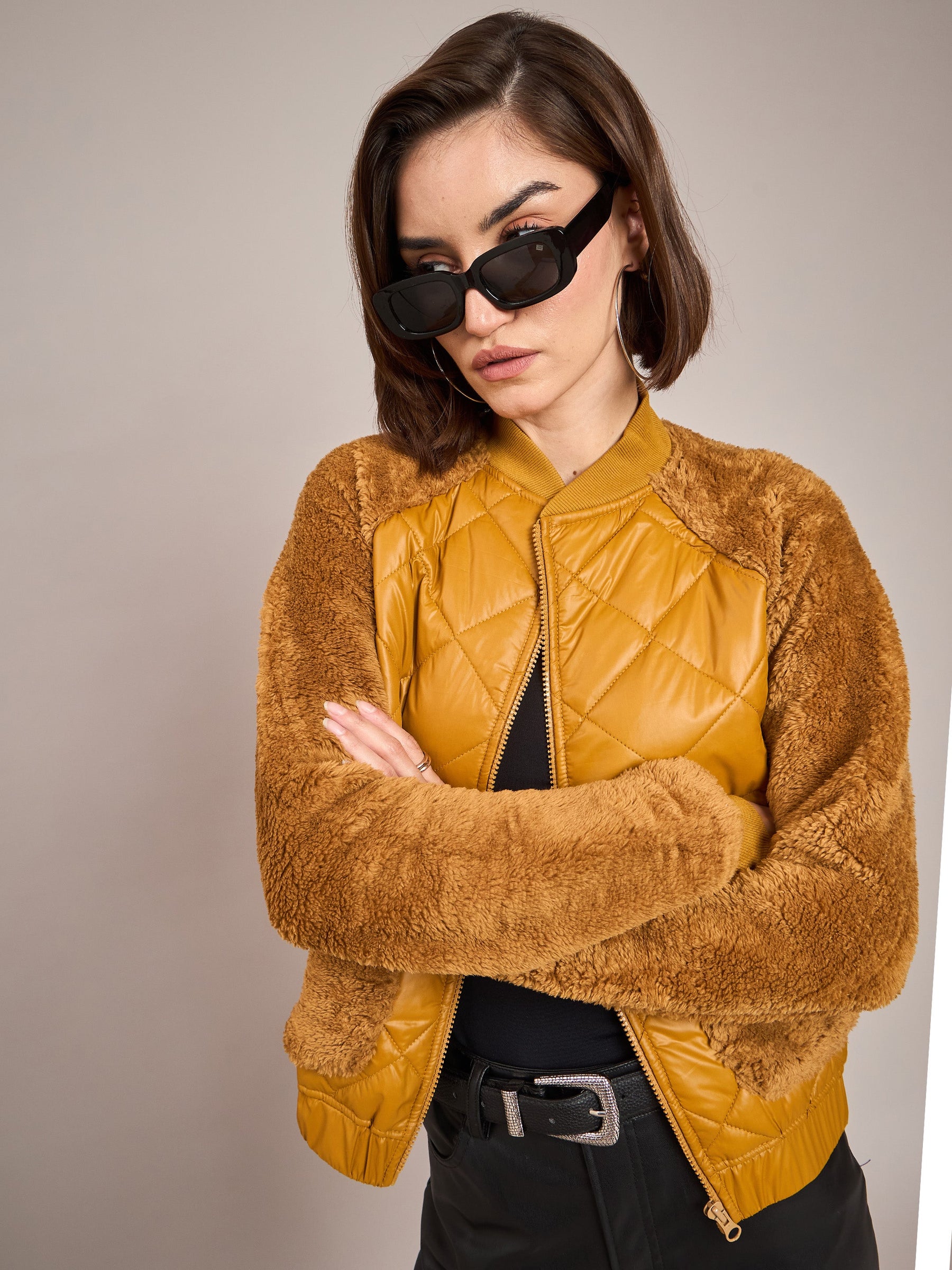 Mustard Faux Fur Detail Bomber Jacket-SASSAFRAS