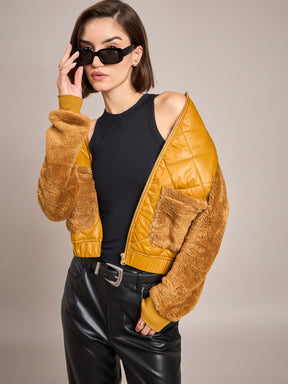 Mustard Faux Fur Detail Bomber Jacket-SASSAFRAS