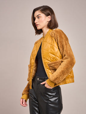 Mustard Faux Fur Detail Bomber Jacket-SASSAFRAS