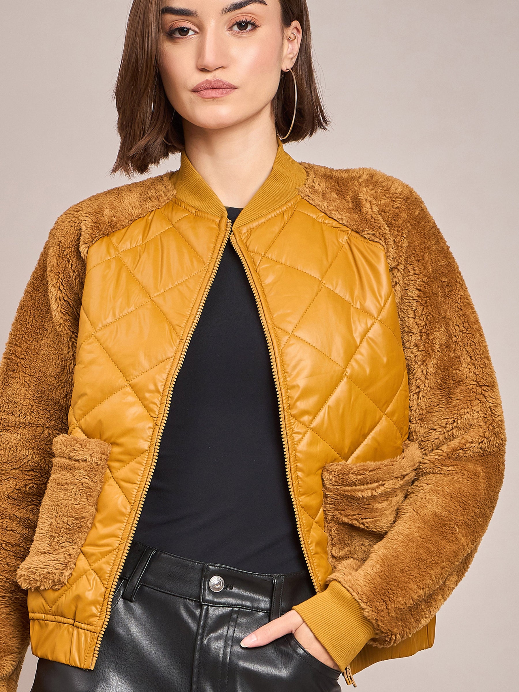 Mustard Faux Fur Detail Bomber Jacket-SASSAFRAS