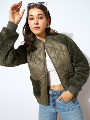 Olive Faux Fur Detail Bomber Jacket-SASSAFRAS