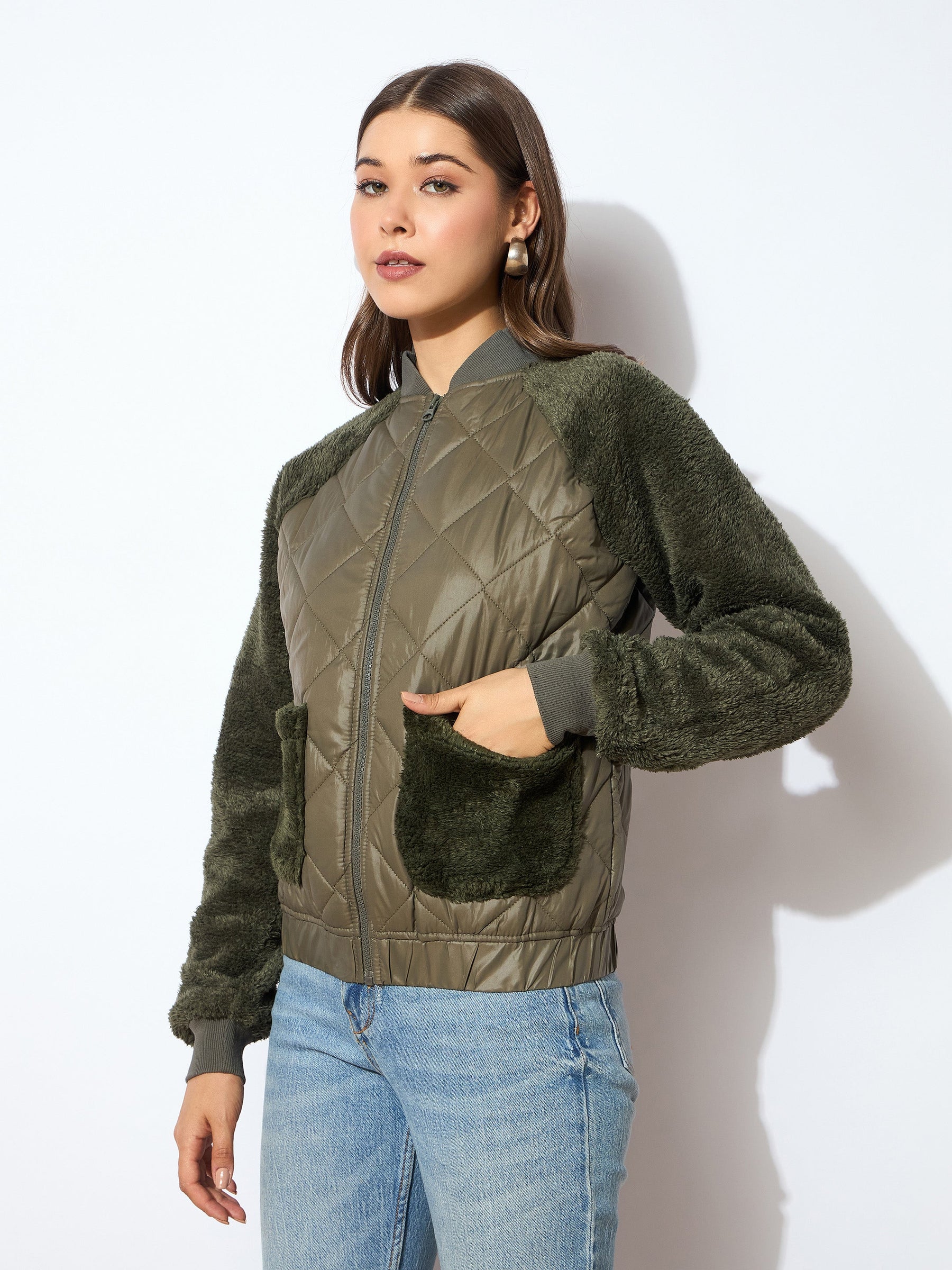 Olive Faux Fur Detail Bomber Jacket-SASSAFRAS