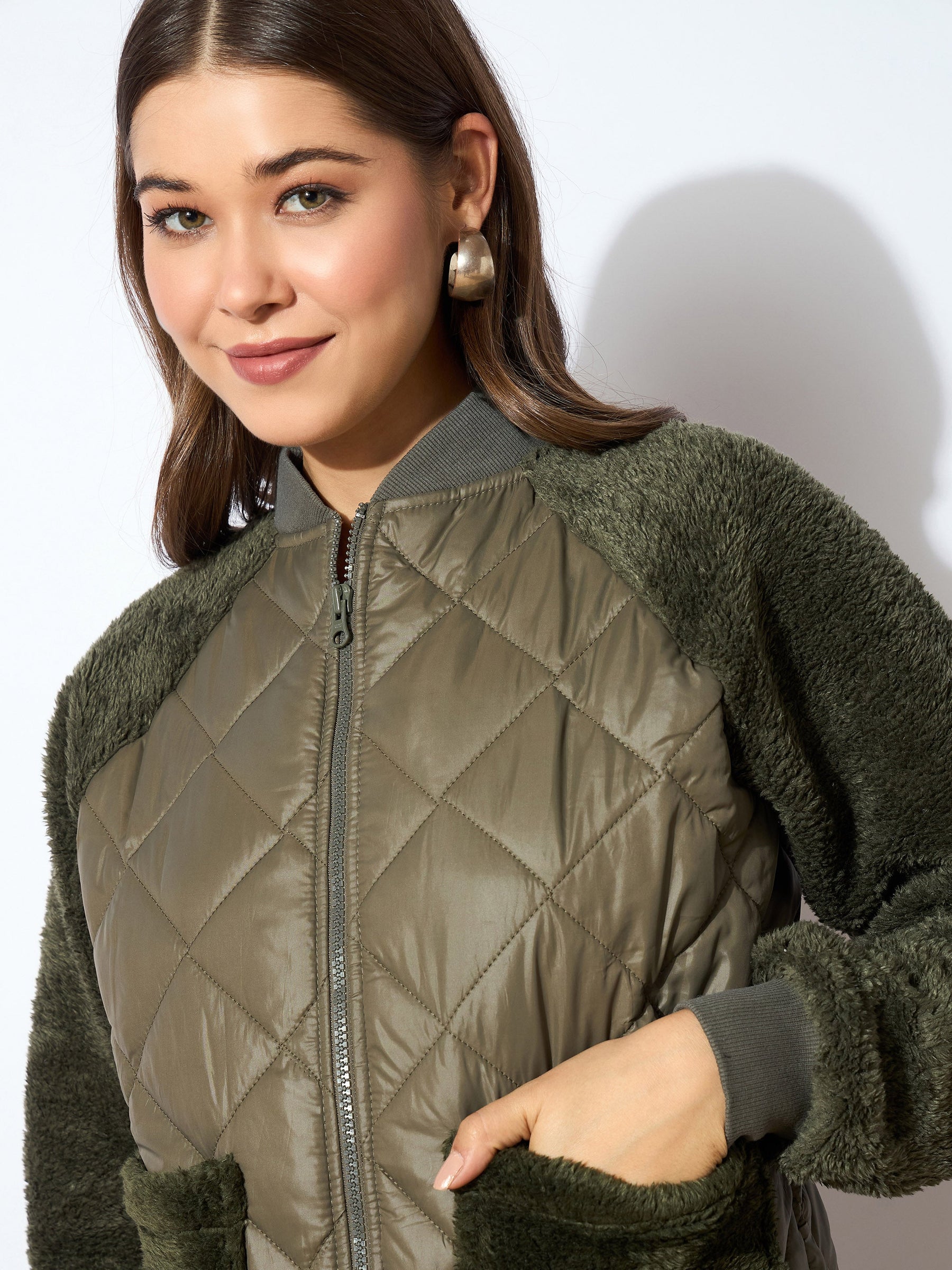 Olive Faux Fur Detail Bomber Jacket-SASSAFRAS