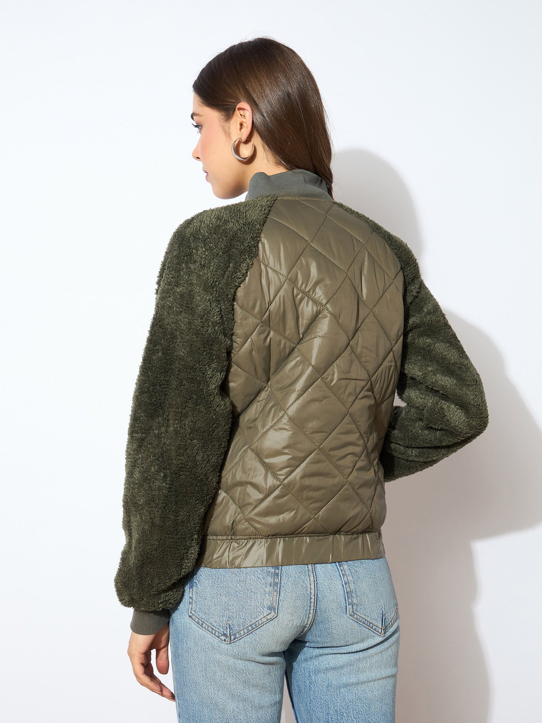 Olive Faux Fur Detail Bomber Jacket-SASSAFRAS