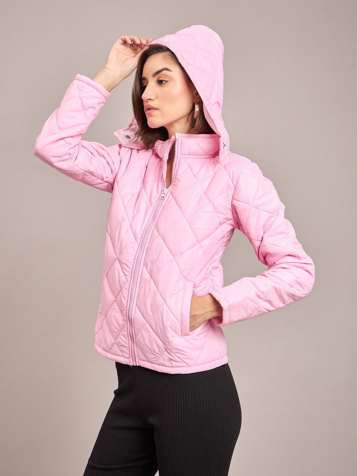 Pink Diamond Quilted Hooded Puffer Jacket-SASSAFRAS