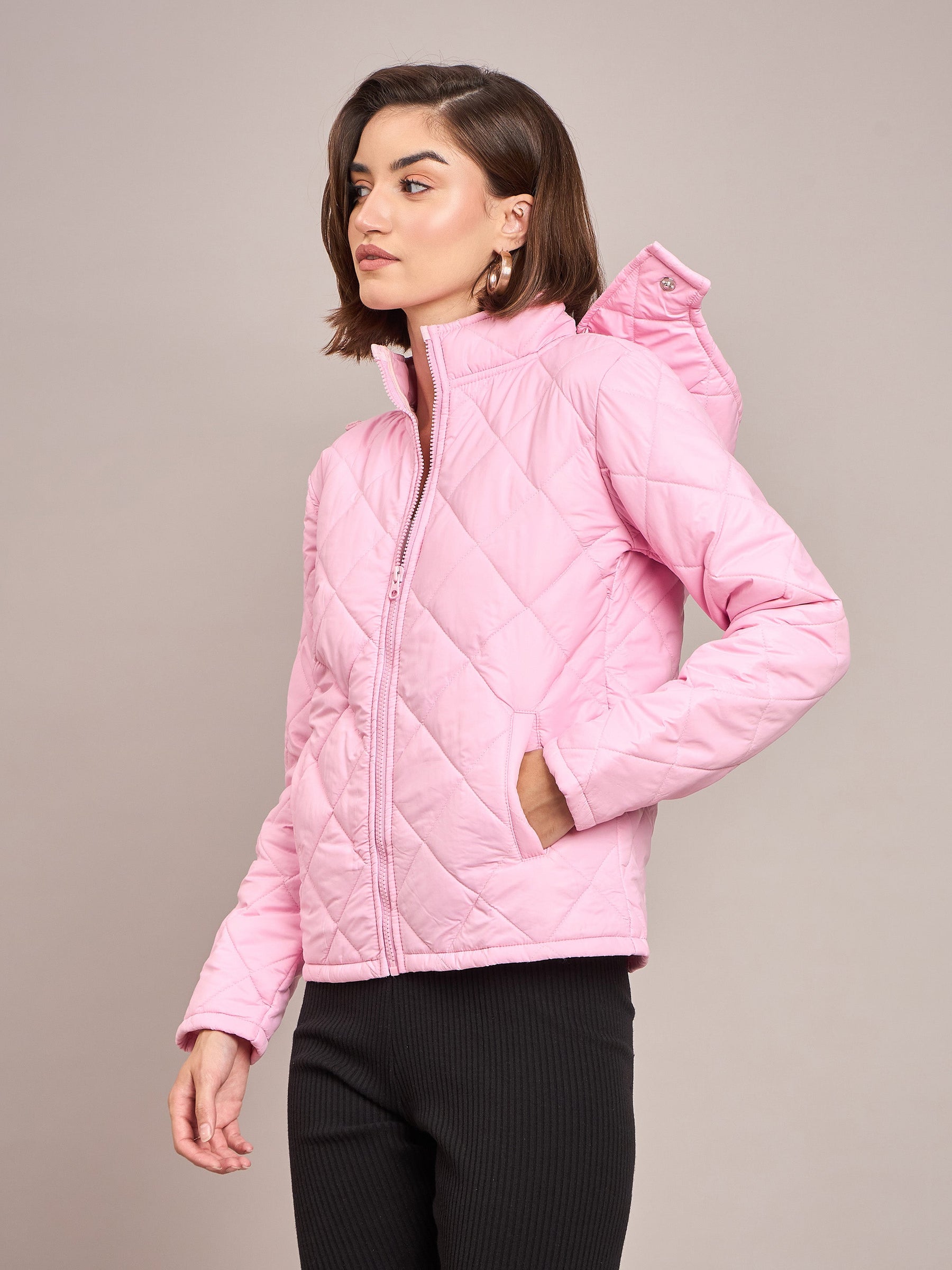 Pink Diamond Quilted Hooded Puffer Jacket-SASSAFRAS