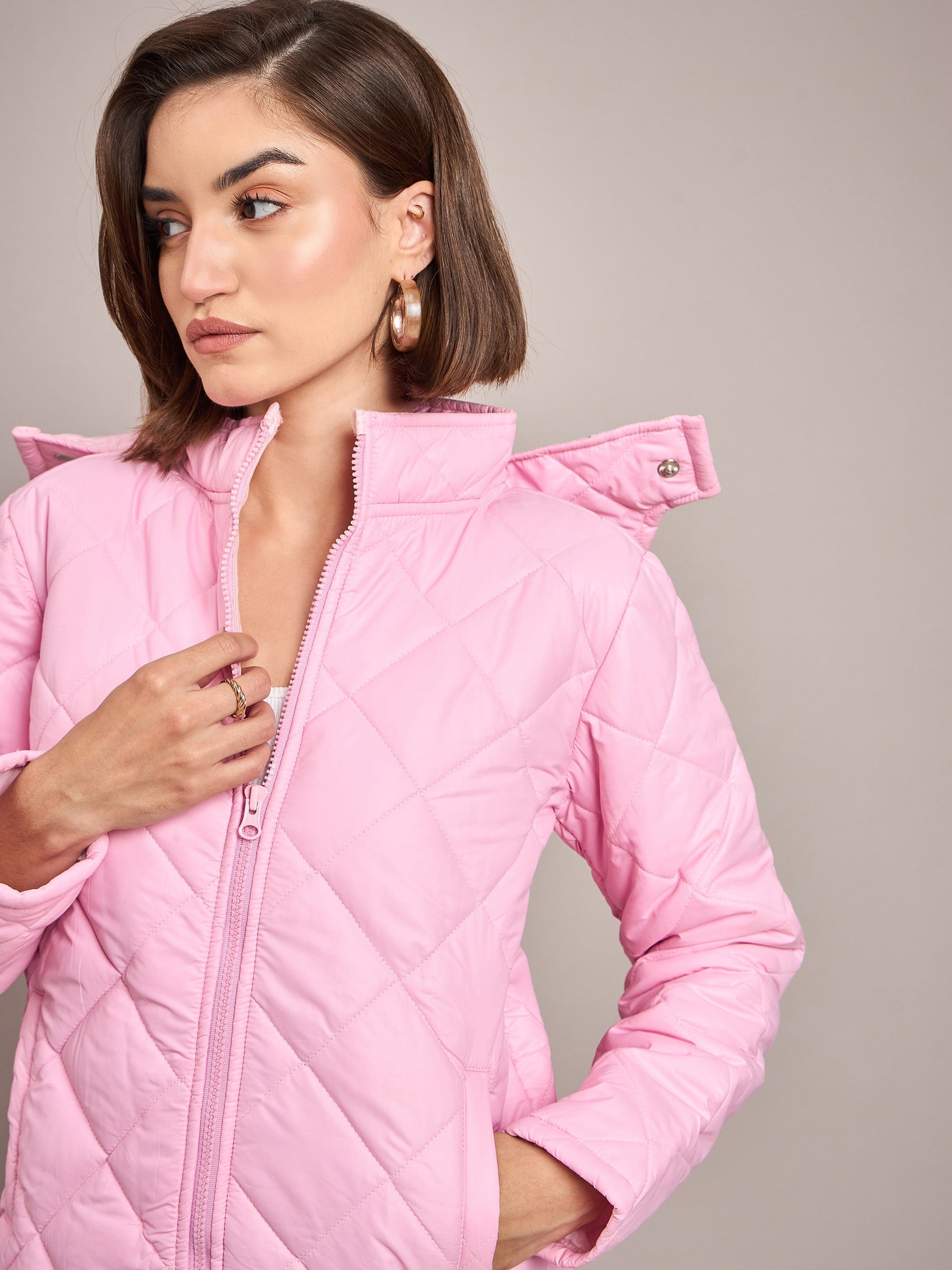 Pink Diamond Quilted Hooded Puffer Jacket-SASSAFRAS