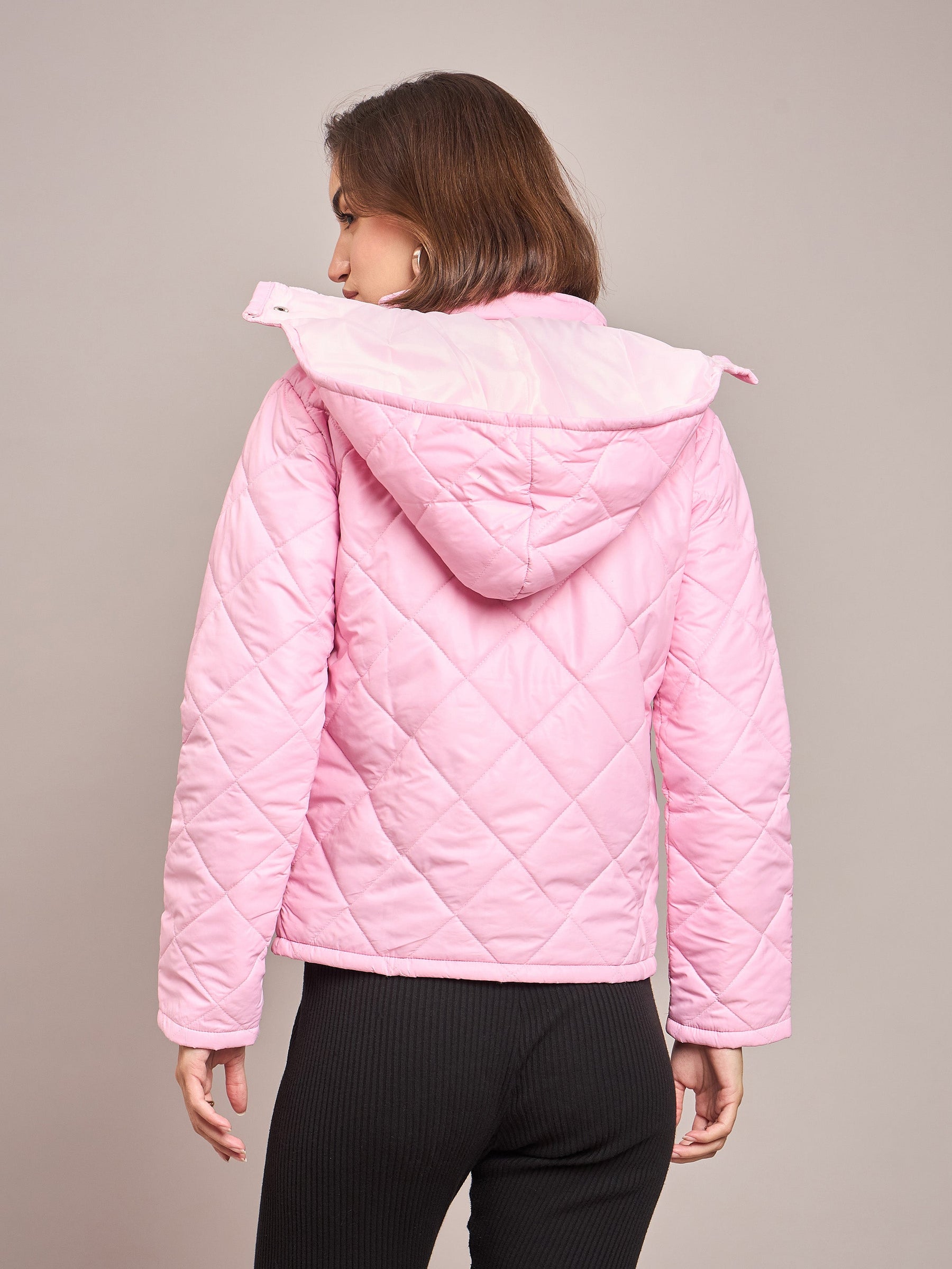 Pink Diamond Quilted Hooded Puffer Jacket-SASSAFRAS