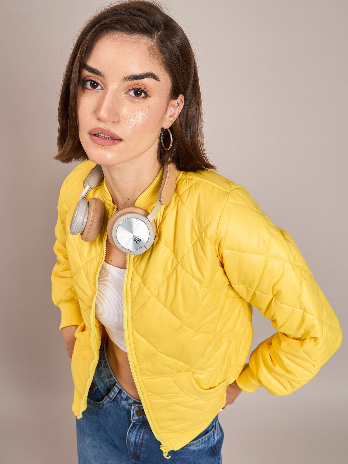 Yellow Diamond Quilted Bomber Jacket-SASSAFRAS