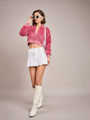 Pink Fur High Neck Crop Bomber Jacket-SASSAFRAS