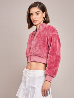 Pink Fur High Neck Crop Bomber Jacket-SASSAFRAS