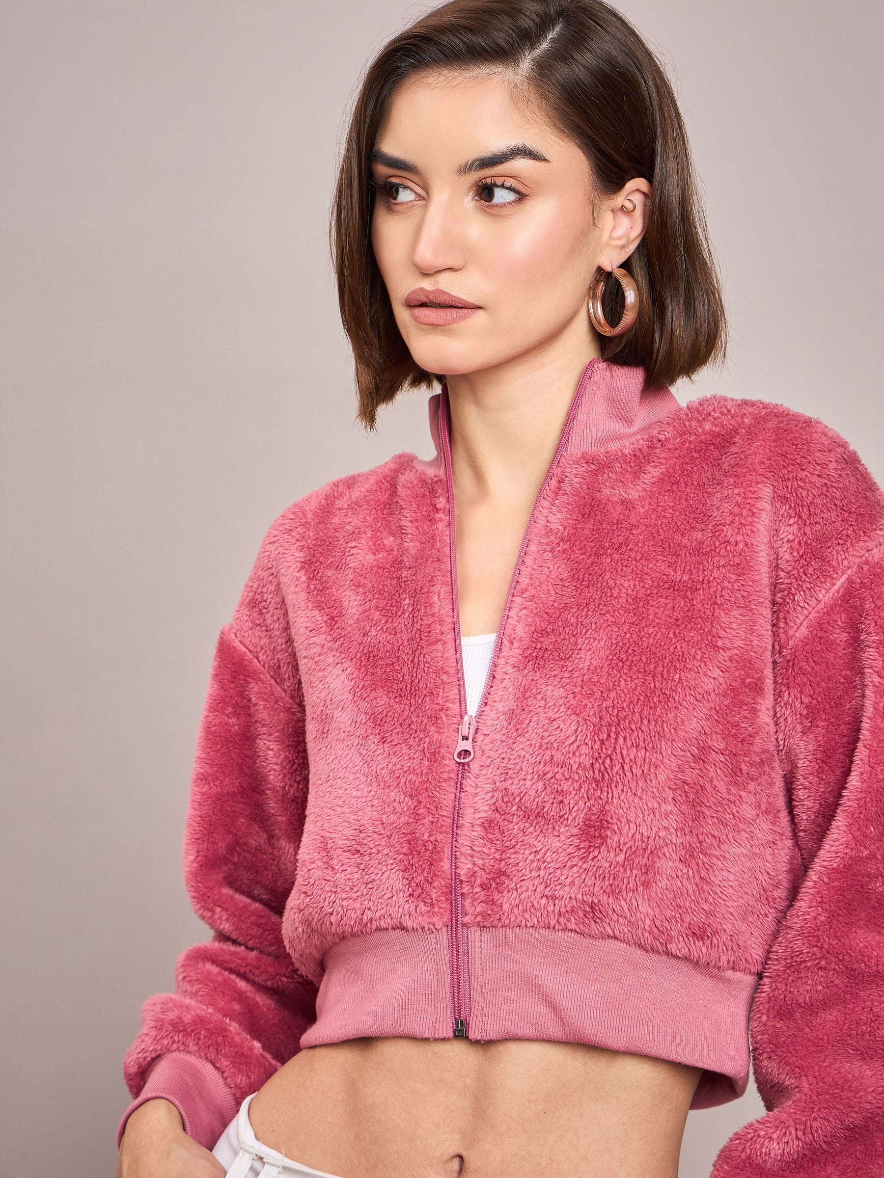 Pink Fur High Neck Crop Bomber Jacket-SASSAFRAS