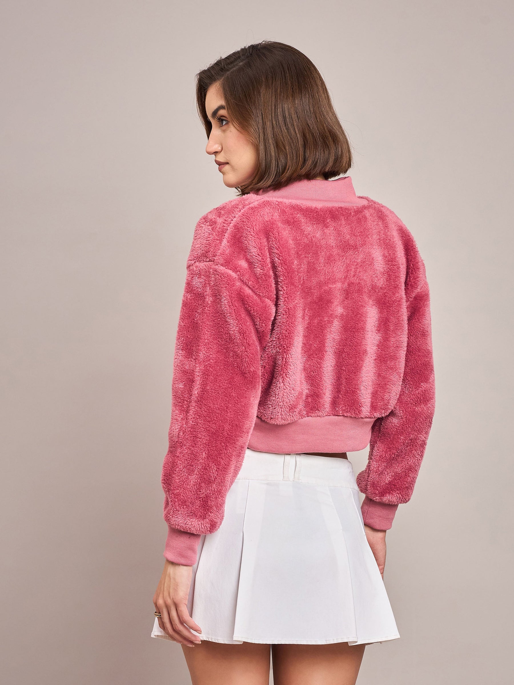 Pink Fur High Neck Crop Bomber Jacket-SASSAFRAS