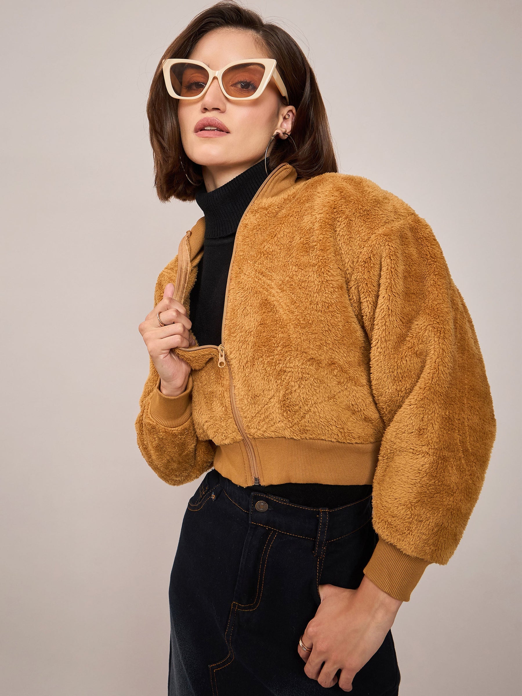 Brown Fur High Neck Crop Bomber Jacket-SASSAFRAS