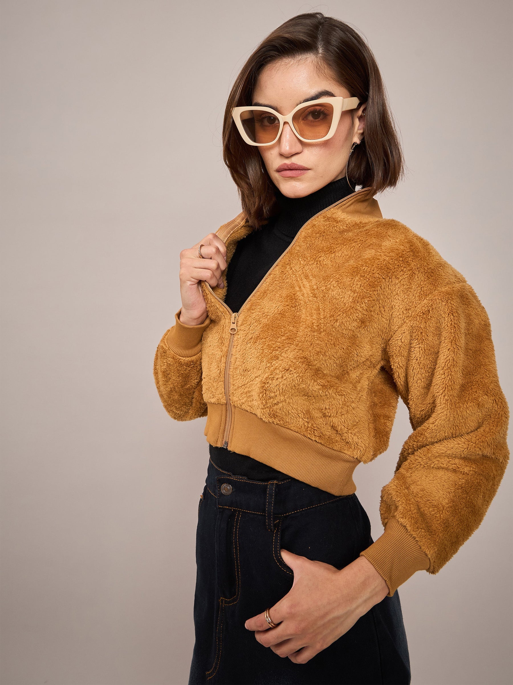 Brown Fur High Neck Crop Bomber Jacket-SASSAFRAS