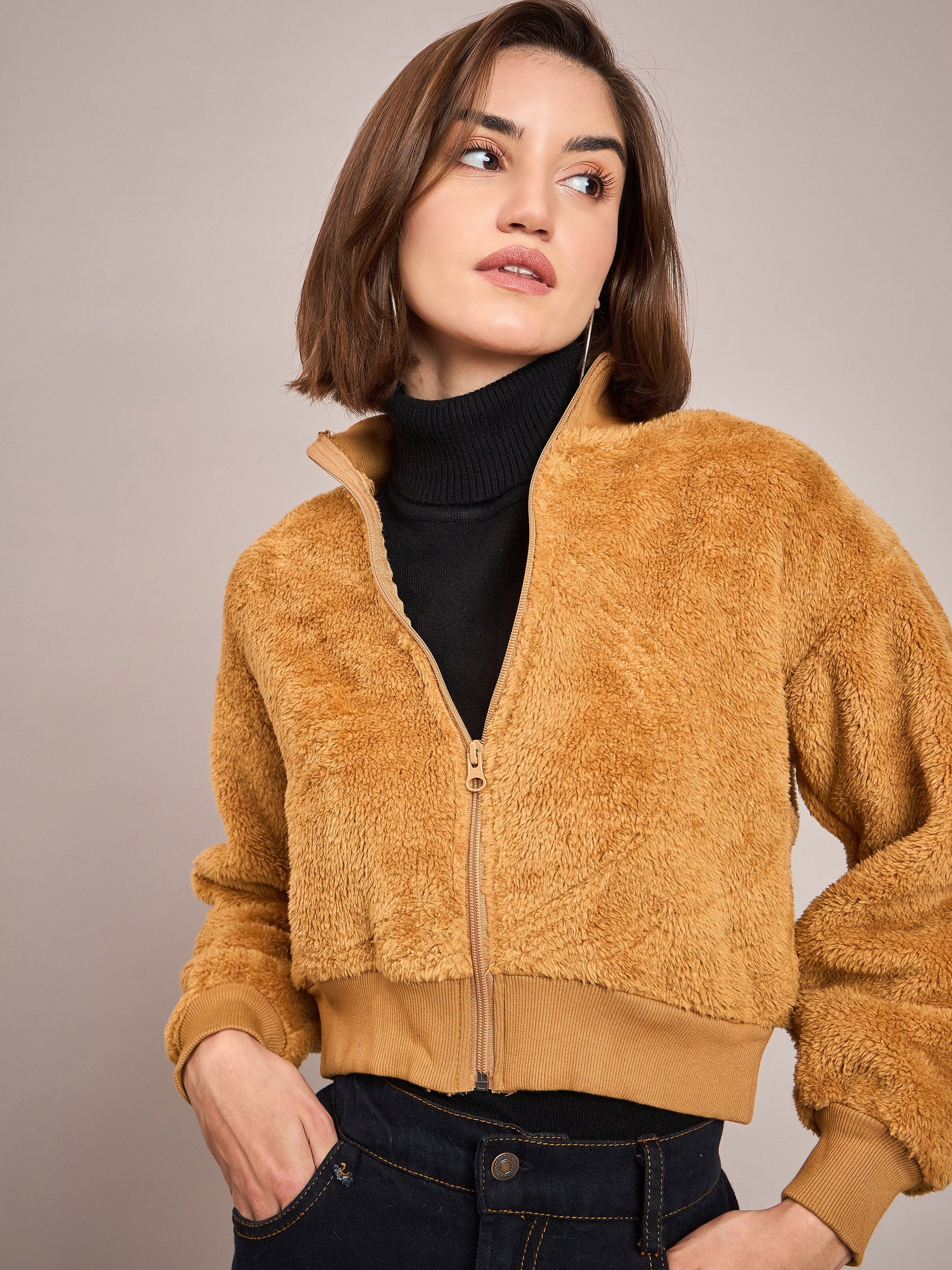 Brown Fur High Neck Crop Bomber Jacket-SASSAFRAS