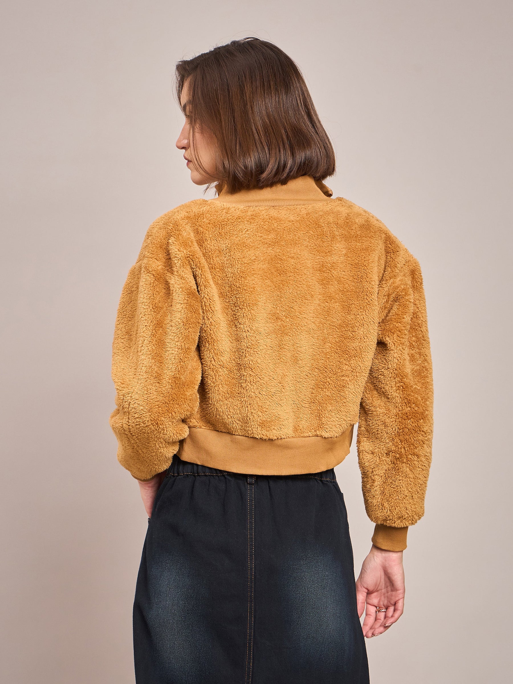 Brown Fur High Neck Crop Bomber Jacket-SASSAFRAS