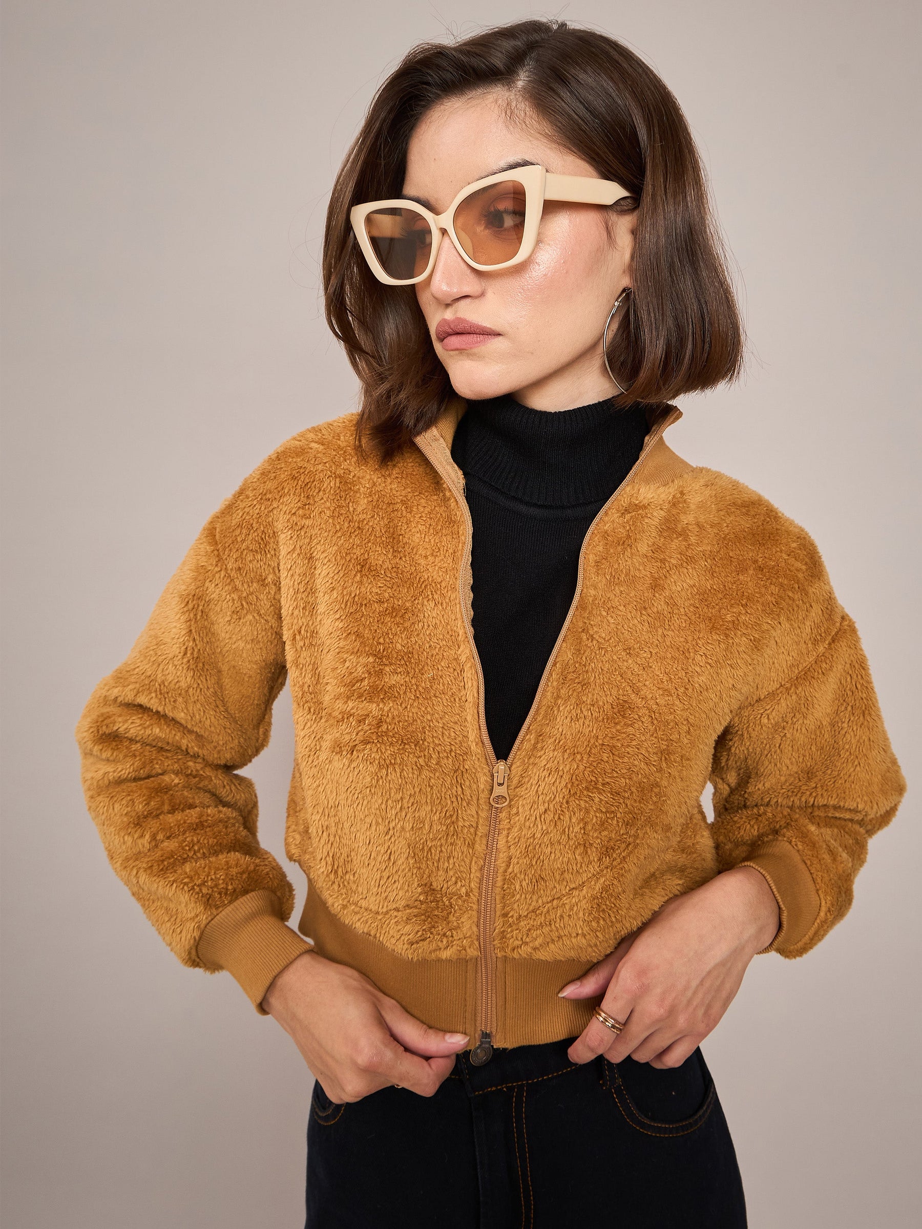 Brown Fur High Neck Crop Bomber Jacket-SASSAFRAS