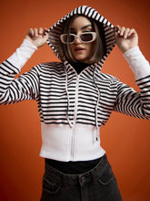 Black & White Striped Fleece Hooded Jacket-SASSAFRAS