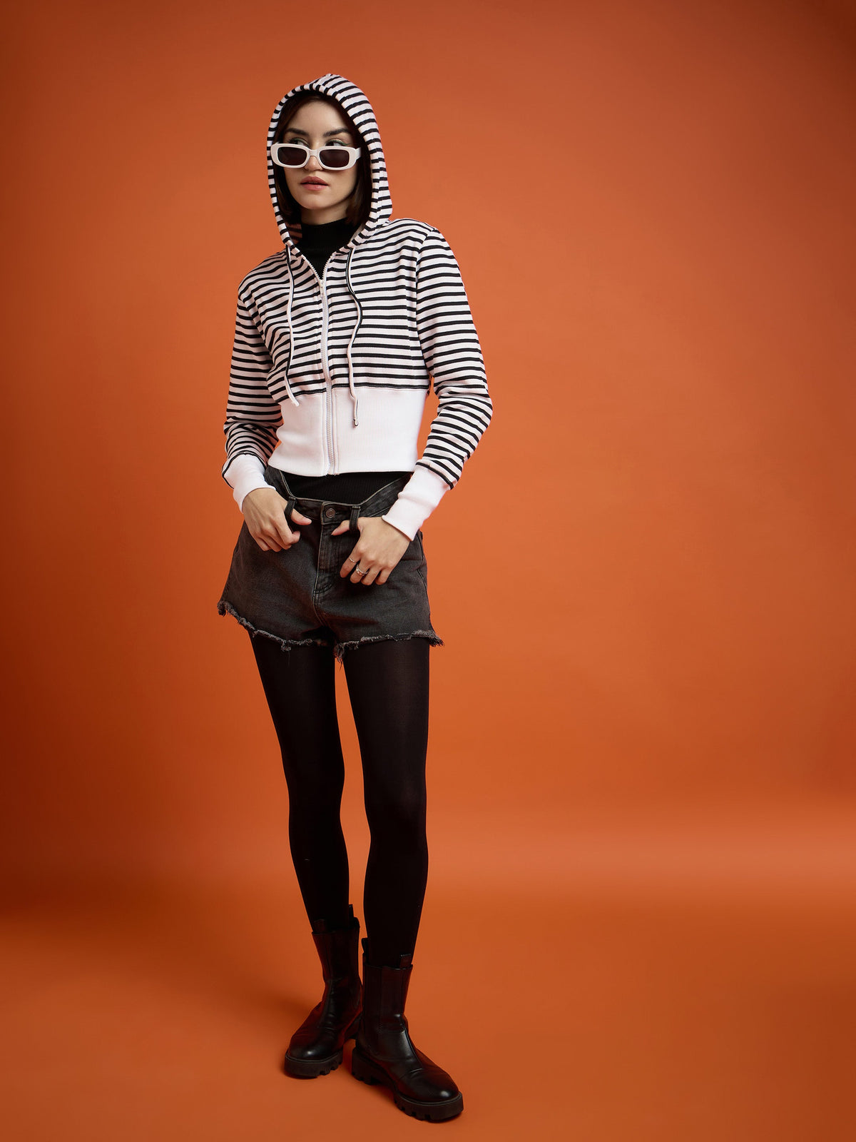 Black & White Striped Fleece Hooded Jacket-SASSAFRAS