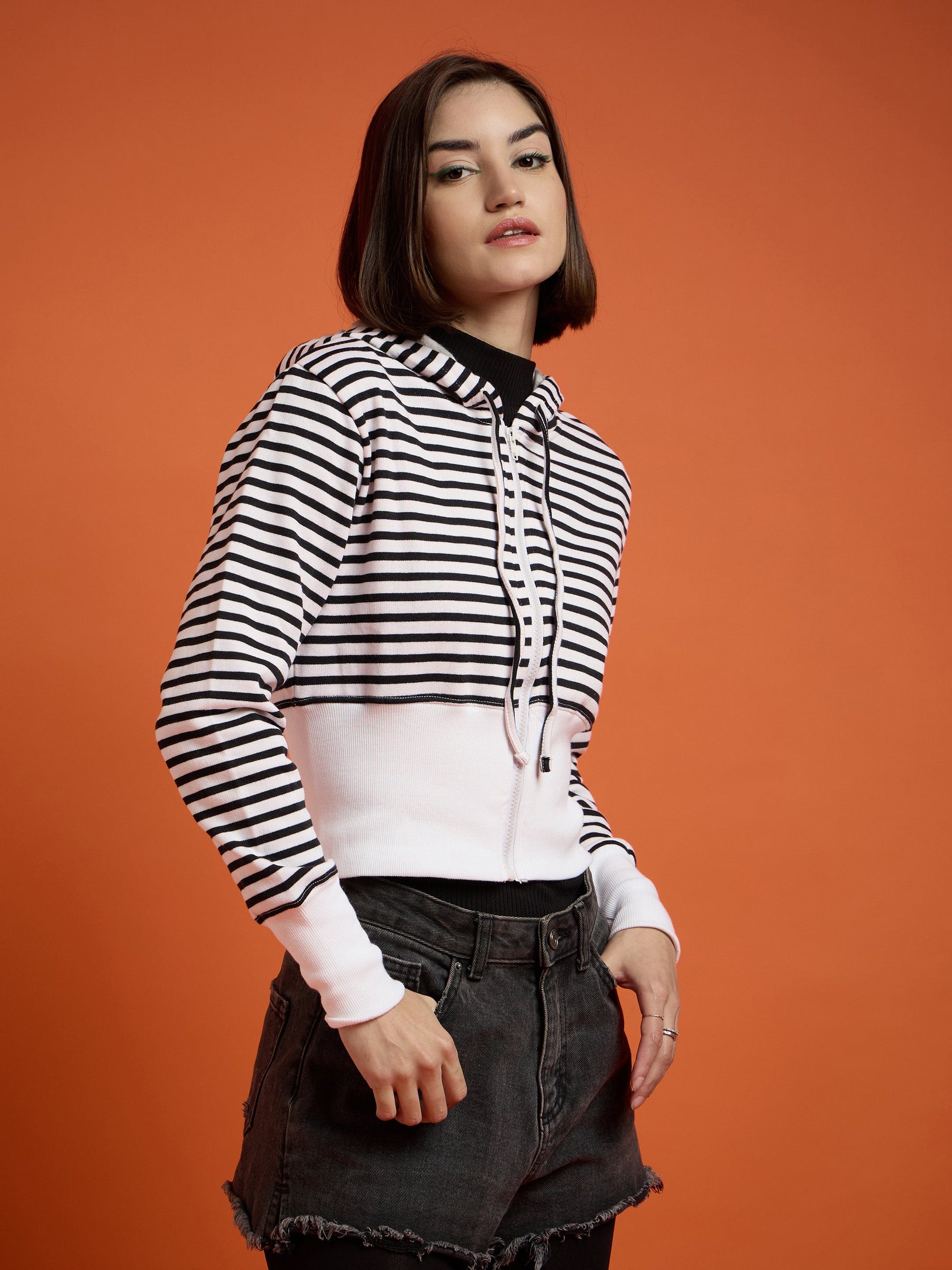 Black & White Striped Fleece Hooded Jacket-SASSAFRAS