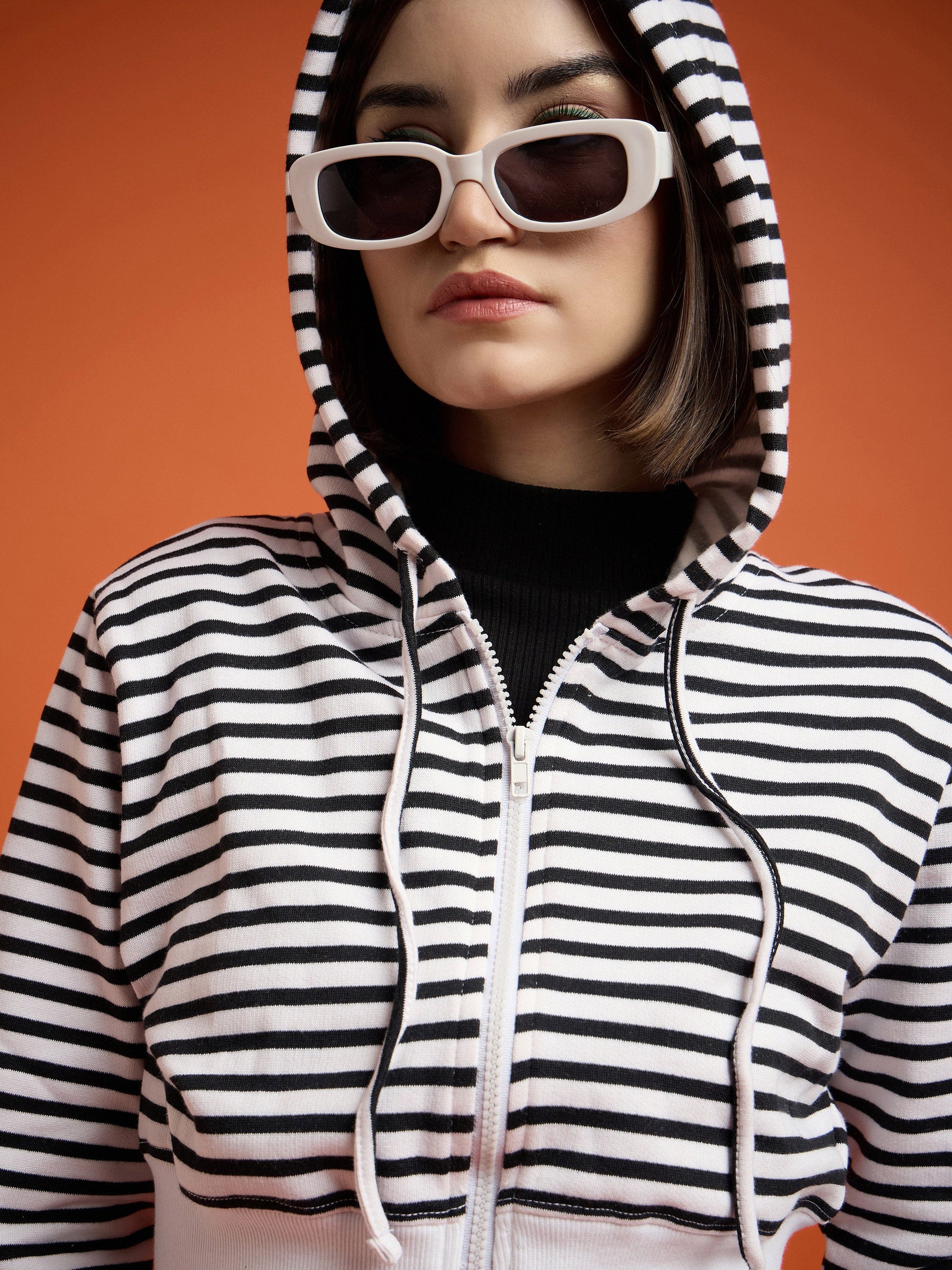 Black & White Striped Fleece Hooded Jacket-SASSAFRAS