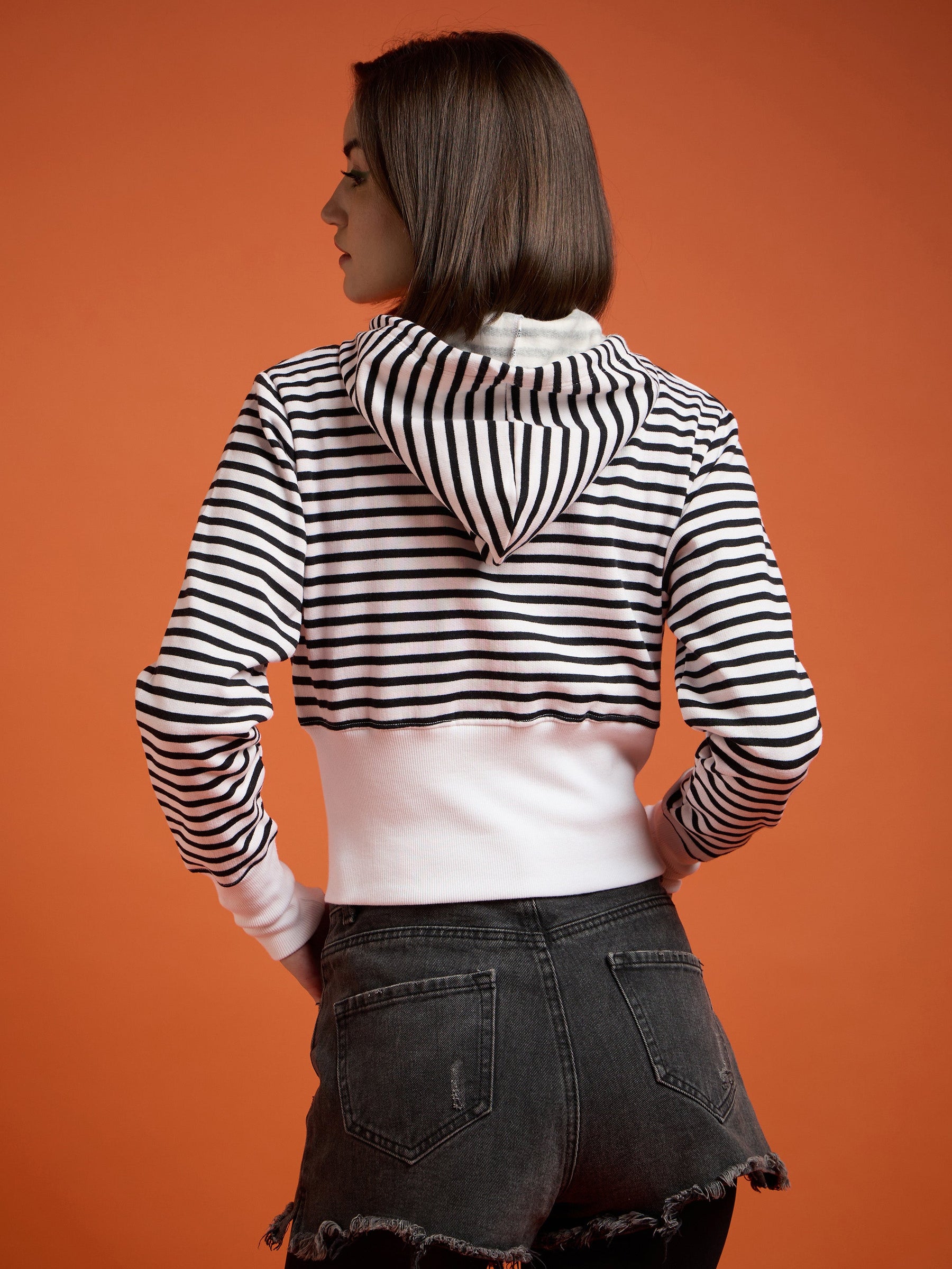 Black & White Striped Fleece Hooded Jacket-SASSAFRAS