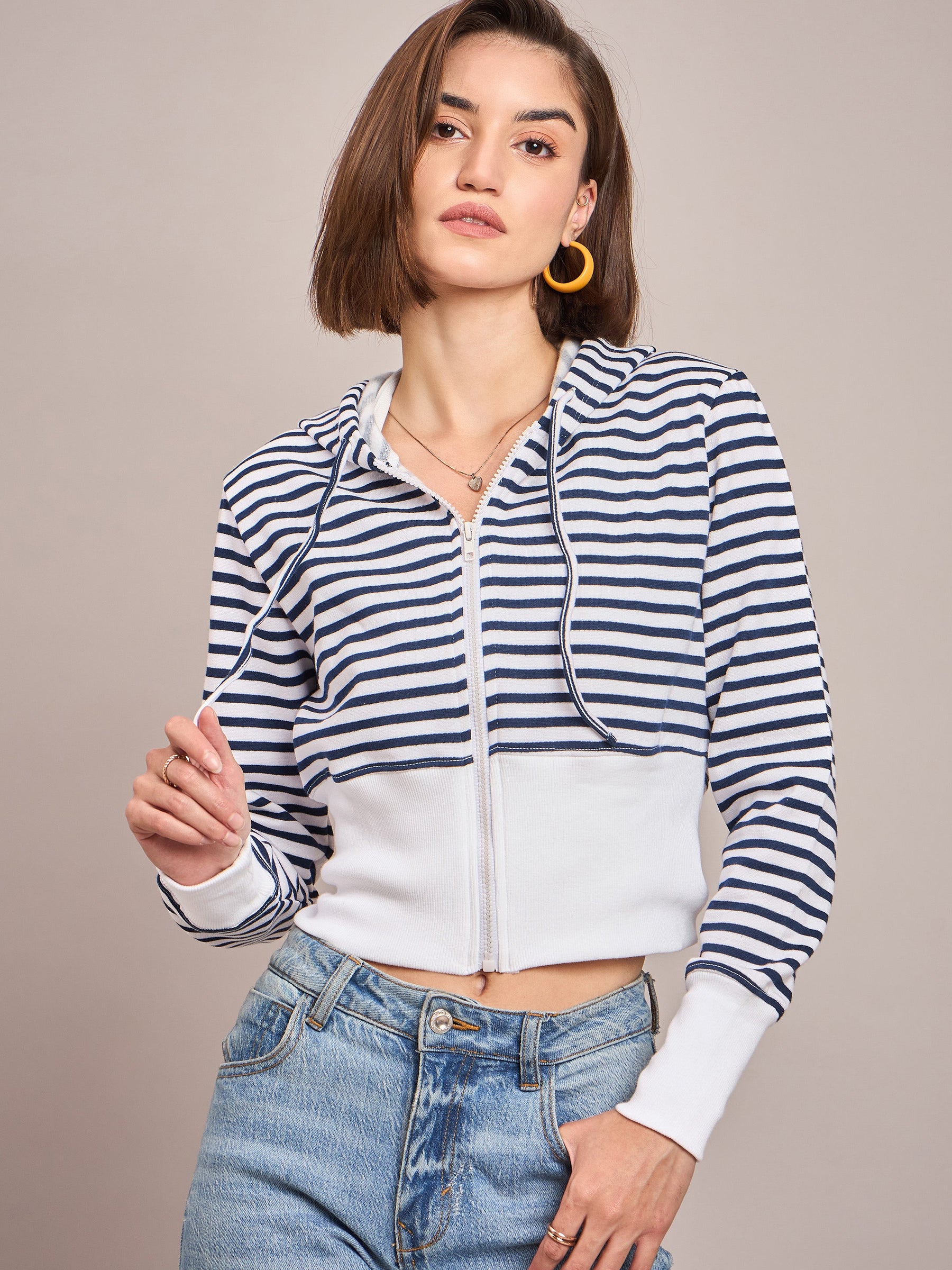 Navy & White Striped Fleece Hooded Jacket-SASSAFRAS