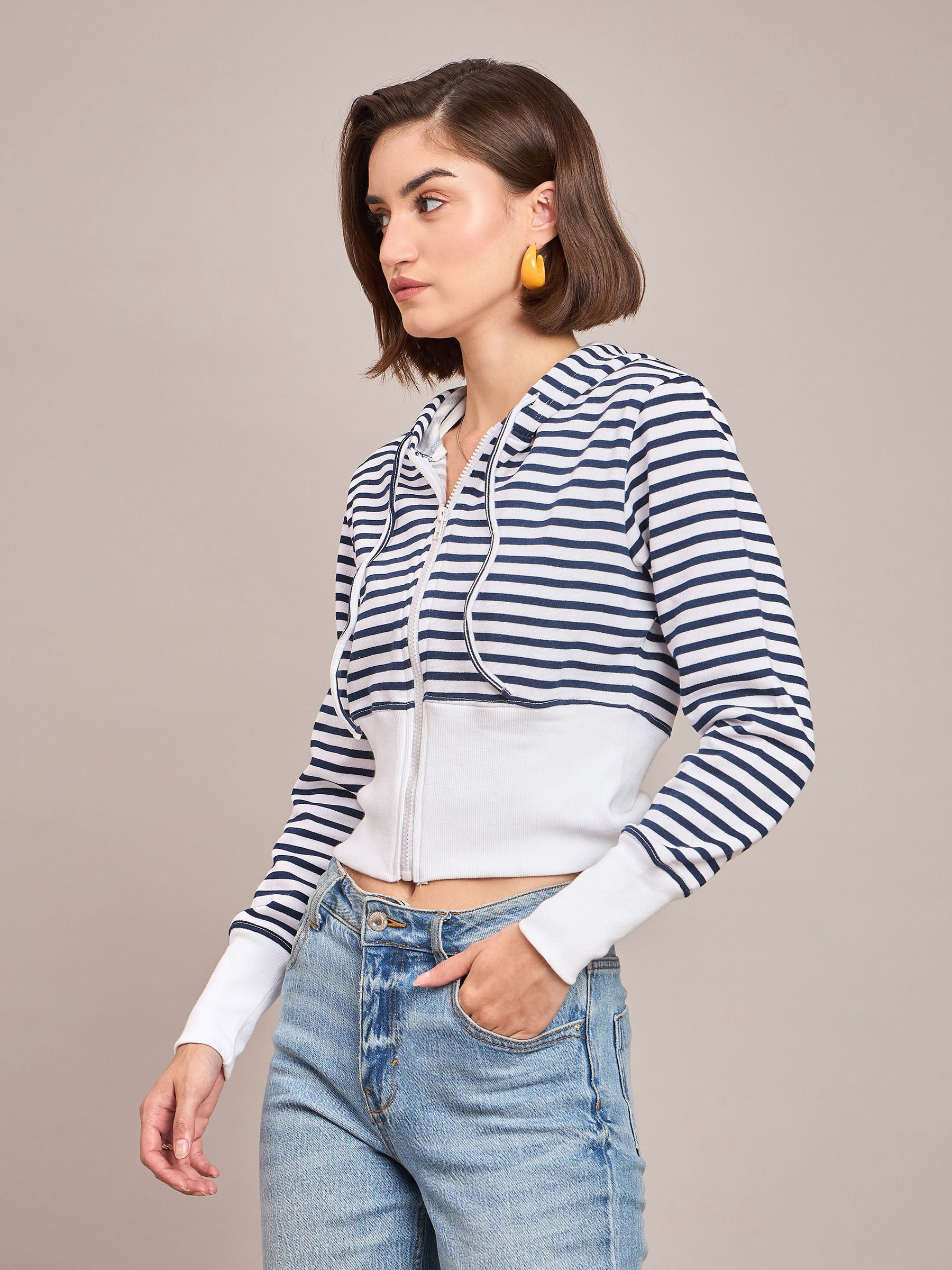 Navy & White Striped Fleece Hooded Jacket-SASSAFRAS