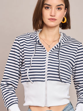 Navy & White Striped Fleece Hooded Jacket-SASSAFRAS