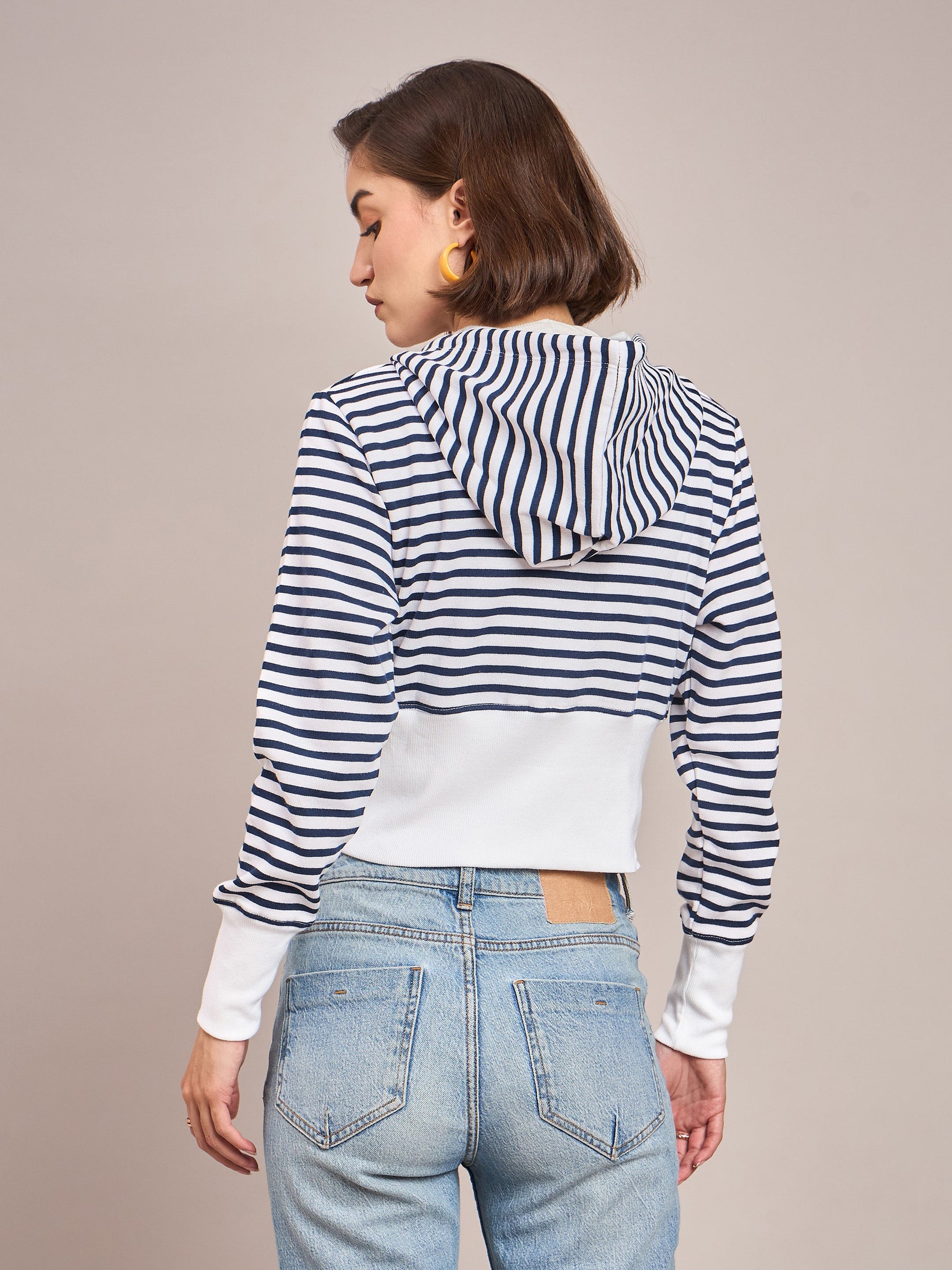 Navy & White Striped Fleece Hooded Jacket-SASSAFRAS