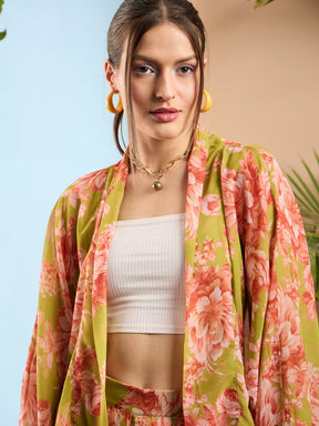 Green Floral Kimono Shrug With Shorts-SASSAFRAS