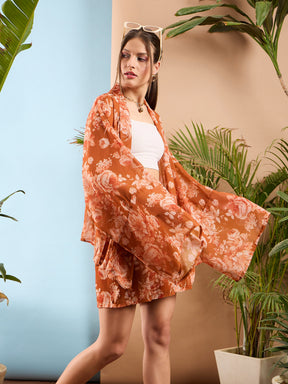 Rust Floral Kimono Shrug With Shorts-SASSAFRAS