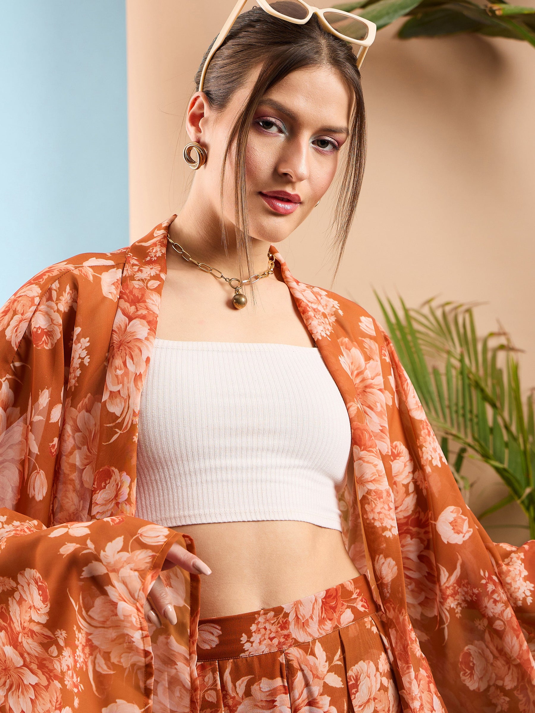 Rust Floral Kimono Shrug With Shorts-SASSAFRAS