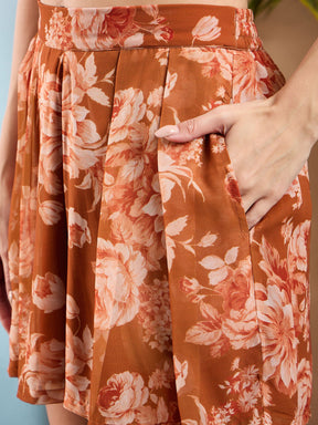 Rust Floral Kimono Shrug With Shorts-SASSAFRAS