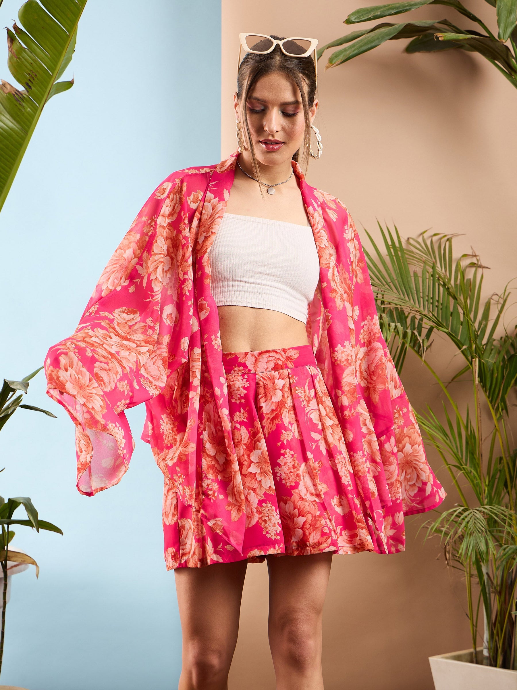 Pink Floral Front Open Kimono Shrug-SASSAFRAS