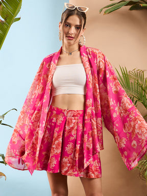 Pink Floral Kimono Shrug With Shorts-SASSAFRAS