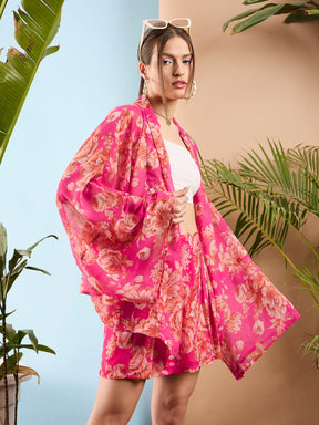 Pink Floral Kimono Shrug With Shorts-SASSAFRAS