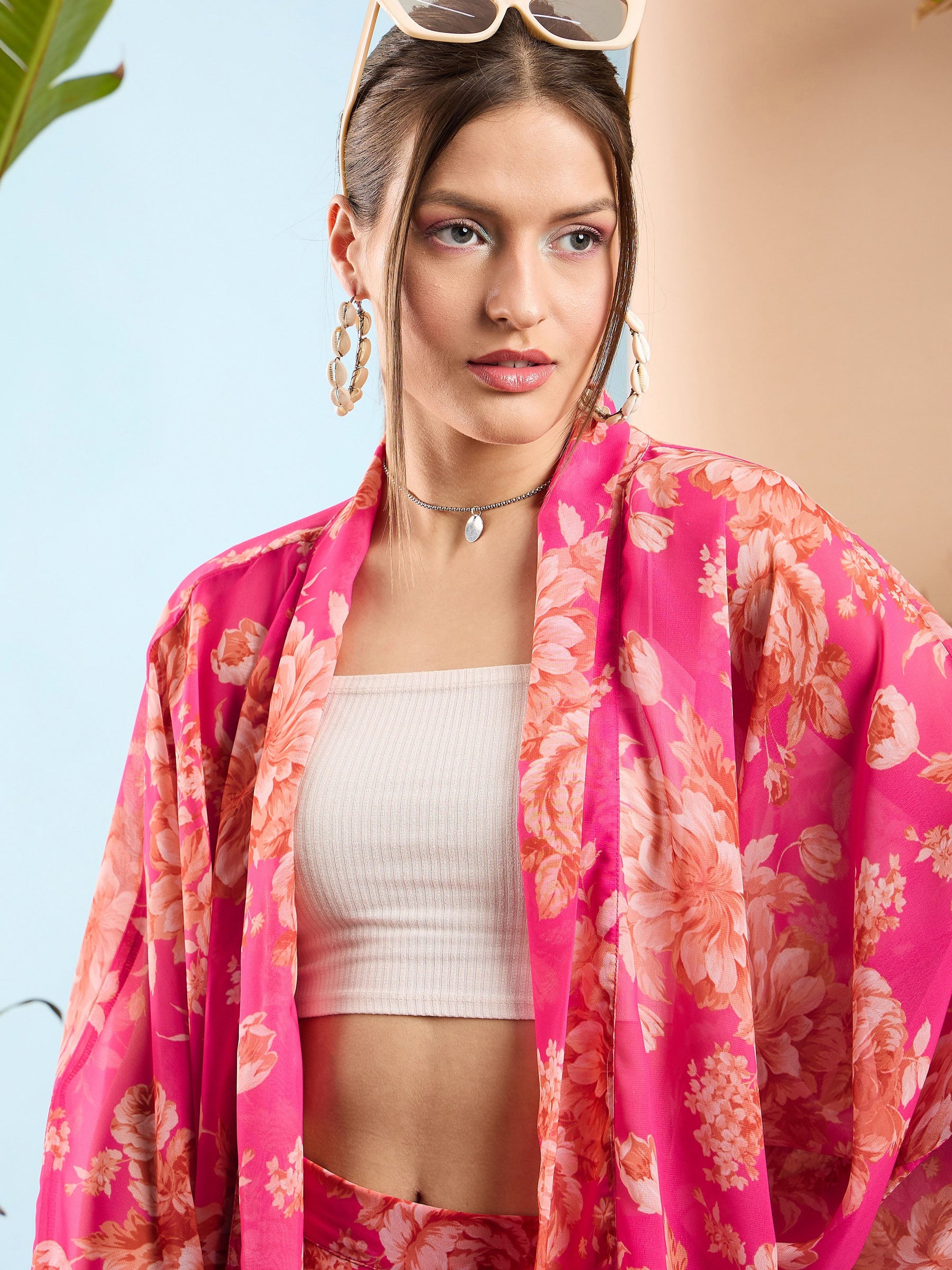 Pink Floral Kimono Shrug With Shorts-SASSAFRAS