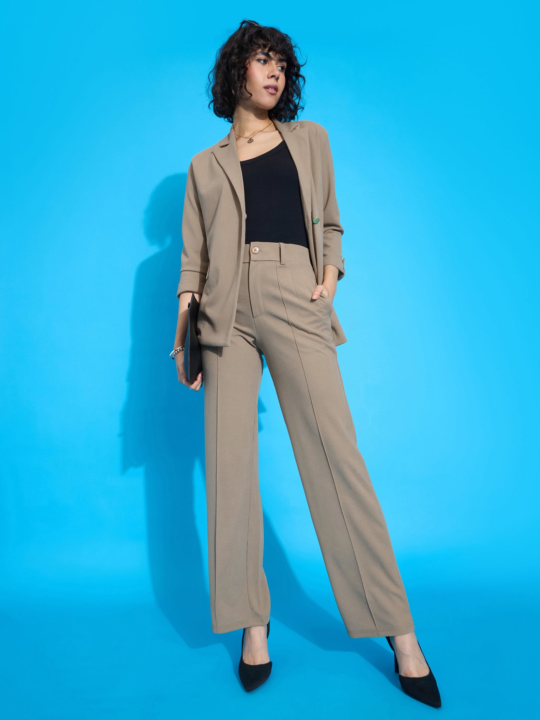 Beige Front Button Blazer With Front Darted Pants-SASSAFRAS worklyf