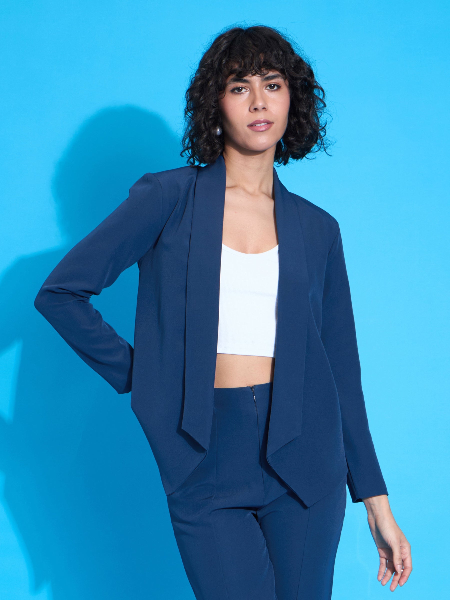 Buy Royal Blue Shawl Collar Front Open Blazer Online At Best Price