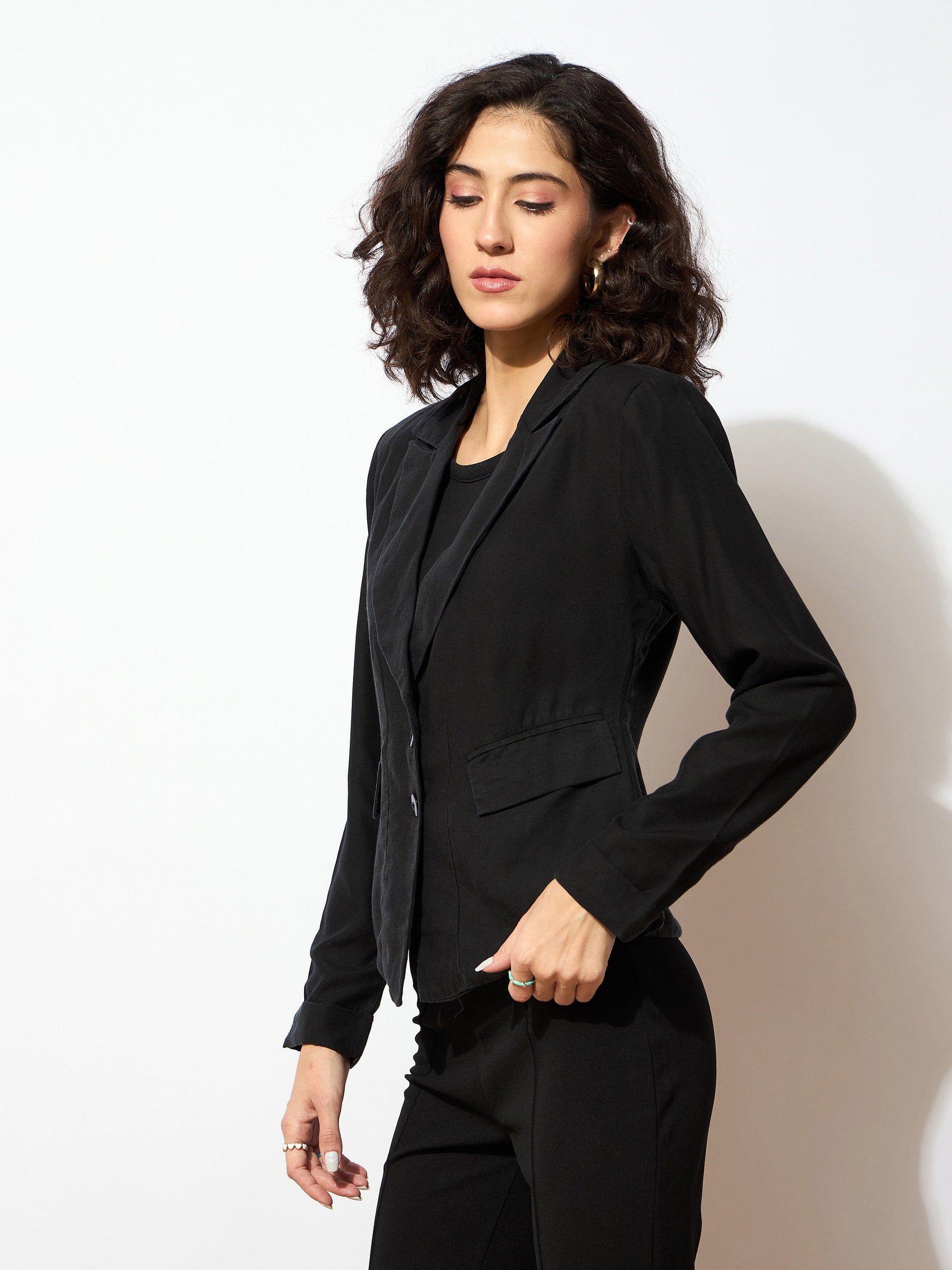 Black Rayon Tencil Notched Collar Blazer-SASSAFRAS