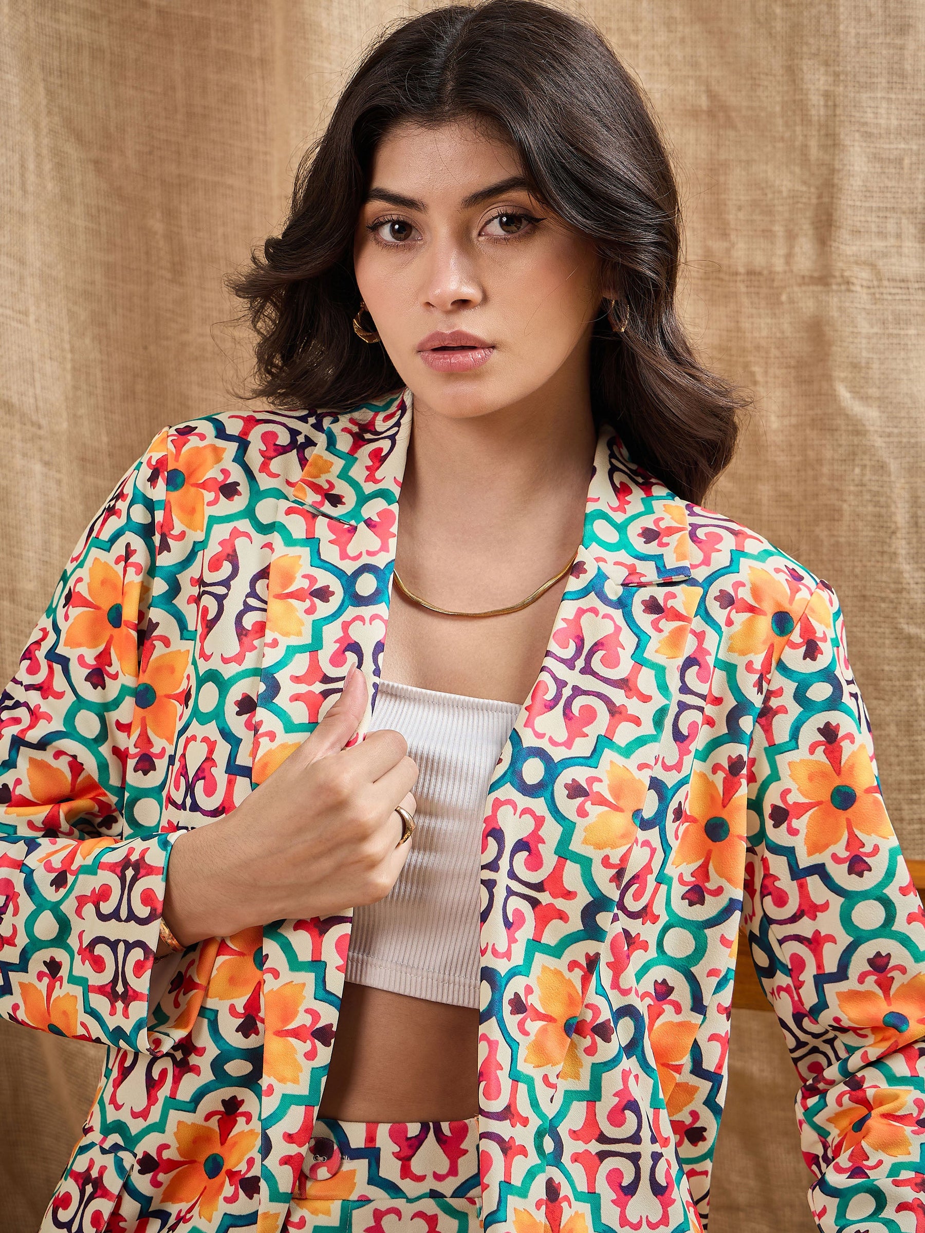 Yellow Geometrical Printed Shawl Collar Blazer -SASSAFRAS