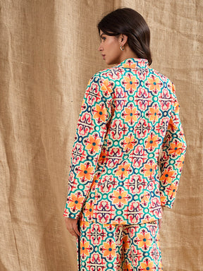 Yellow Geometrical Printed Shawl Collar Blazer -SASSAFRAS