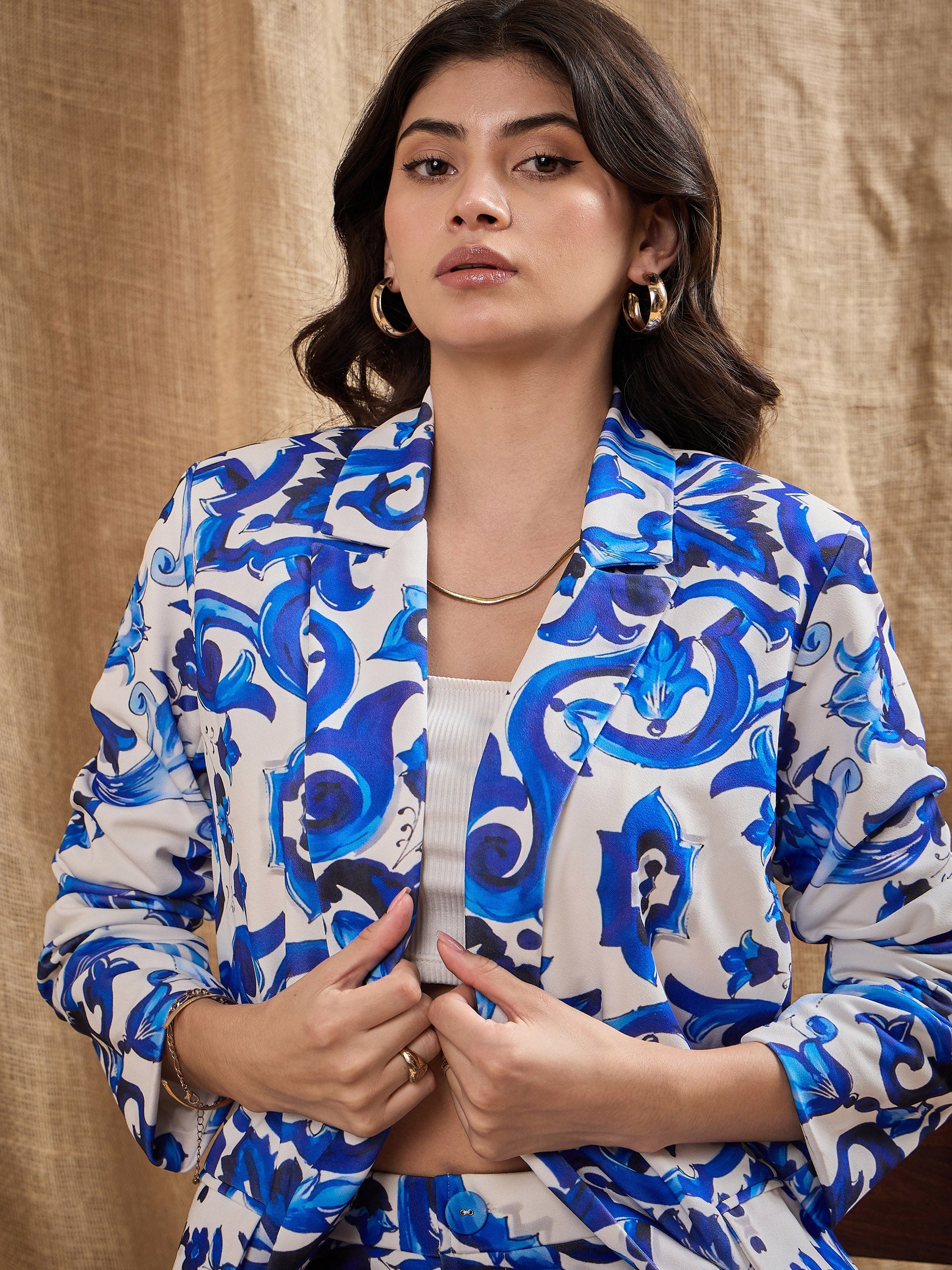 Buy Blue Floral Printed Shawl Collar Blazer With Straight Fit