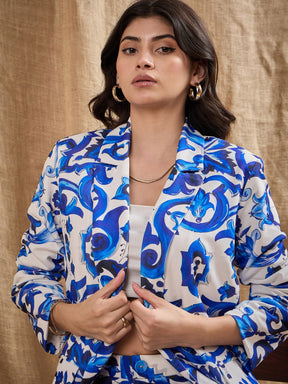 Blue Floral Printed Shawl Collar Blazer With Straight Fit Pants-SASSAFRAS